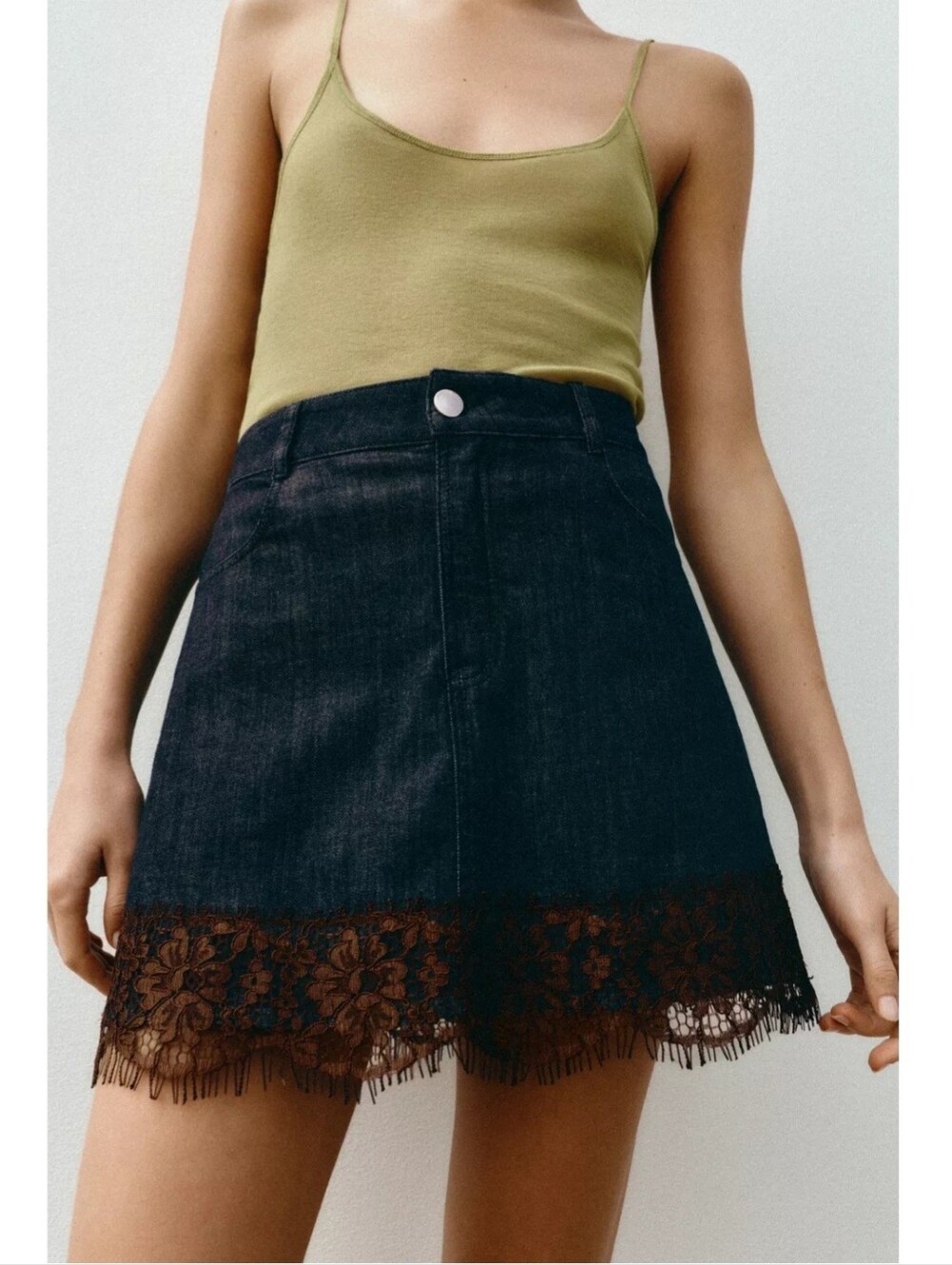 Zara Dark Denim Mini Skirt with Brown Lace Trim - Picture 6 of 8